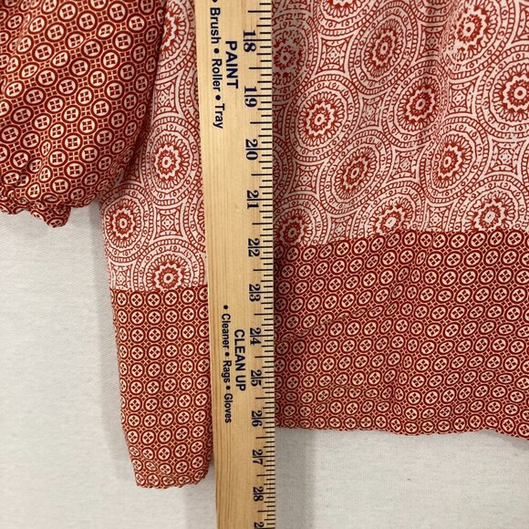 Jones New York Red Tan Patterned 3/4 Sleeve Peasant Popover Blouse 1X Soft Rayon - Picture 6 of 11